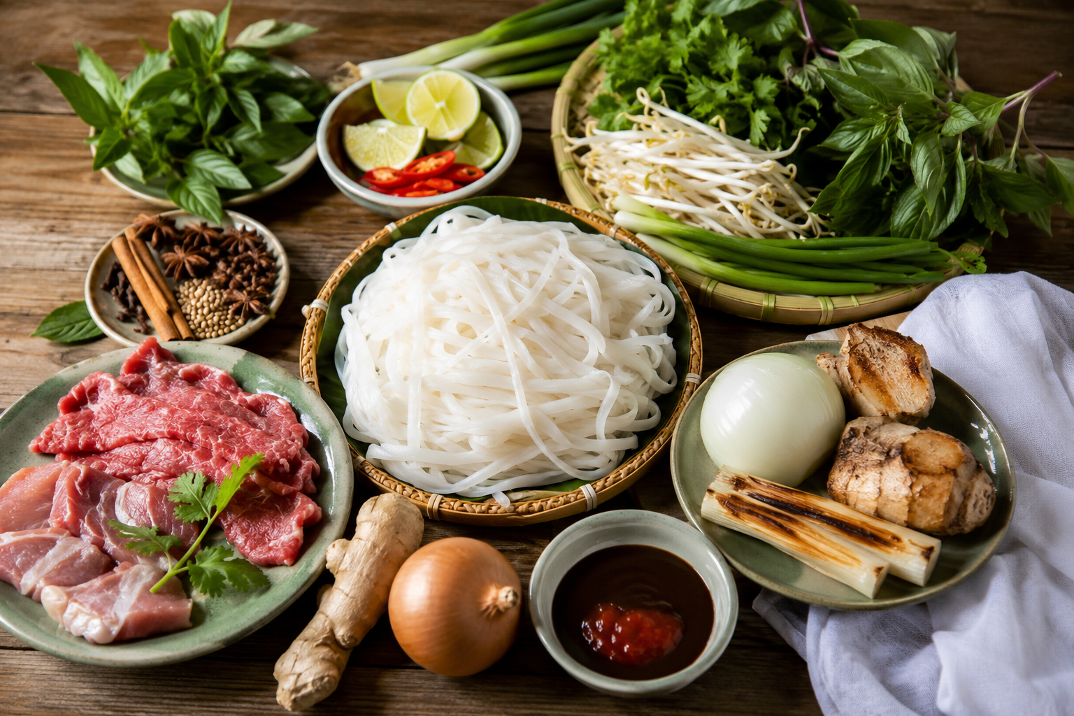 Fresh pho ingredients arranged on a wooden table — rice noodles, raw beef, herbs, bean sprouts, lime, chili, ginger, onion, and warm spices